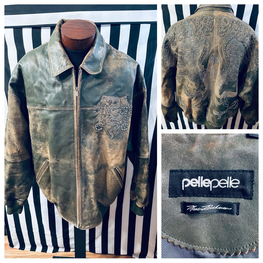Pelle Pelle by Marc Buchanan Vintage Distressed Leather Jacket w/ Metal Studs